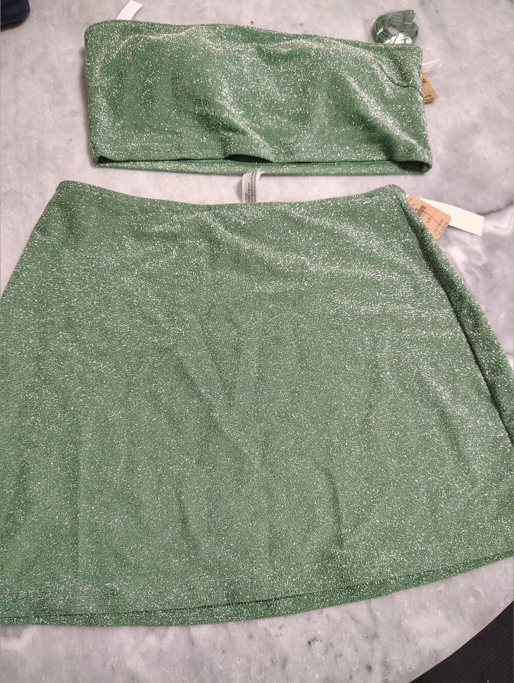 PINK Victoria's Secret Emerald Shimmer Halter Bandeau Top And Skirt Set.